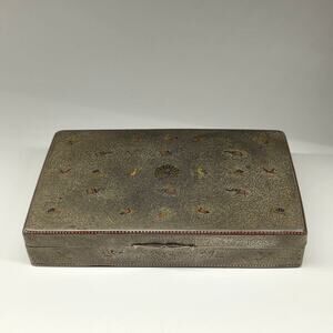 Vintage Silver Plated Cigarette Box Enamel Bird Design Wood Lined